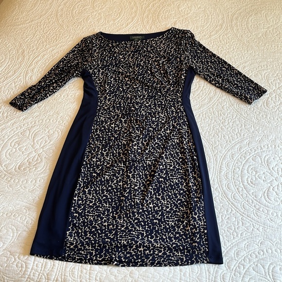 Ralph Lauren Print Runched Sheath Dress 12 P Navy Blue Leopard Classic Preppy - Picture 9 of 17